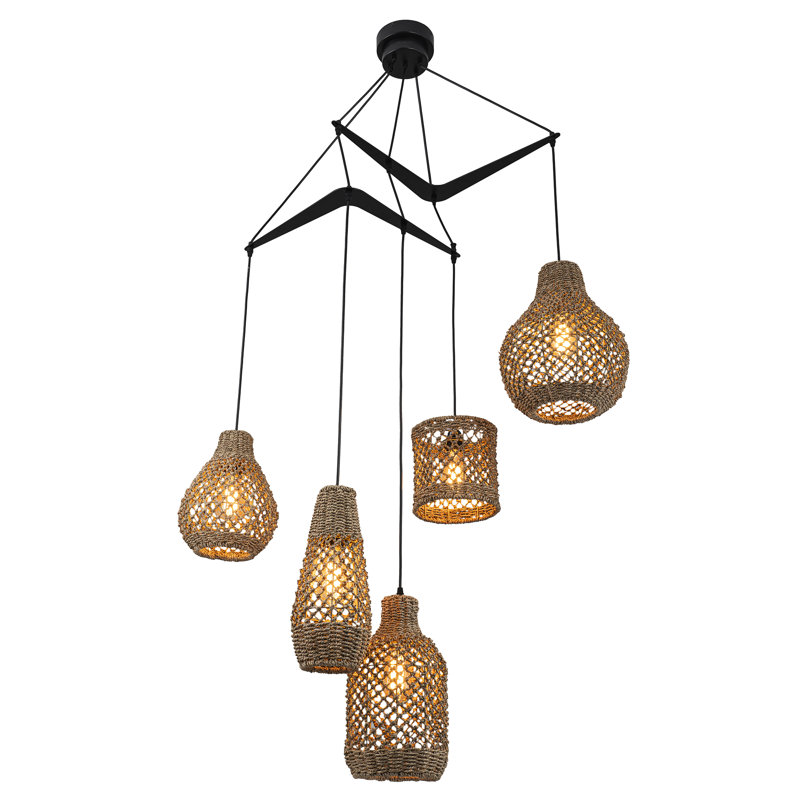 Claven 5-Light Seagrass Pendant Light Modern Linear Chandelier With Natural Shade In Matte Black