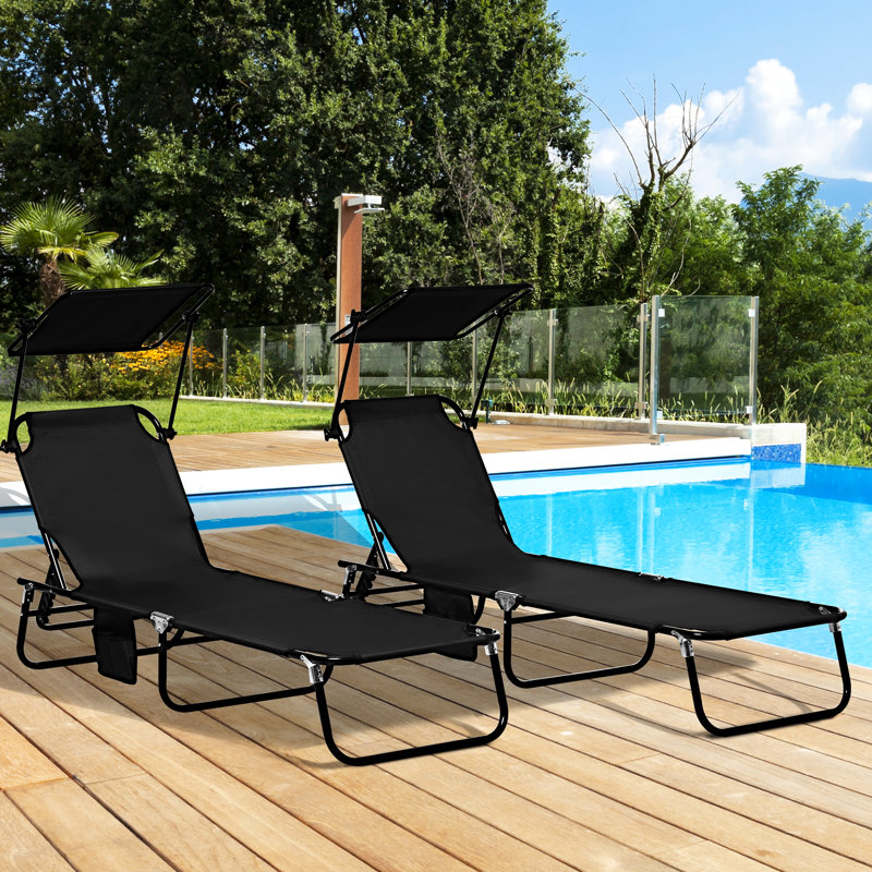 Folding Yard Chairs With Canopy Shade And Side Pocket - Reclining, Steel Frame Black For Pool, Beach, Patio Pool Sunshade Canopy, Reclining , Frame, Patio, Use