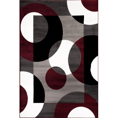 Amirr Geometric Burgundy/Grey/White Woven Area Rug – Modern Abstract Polypropylene Carpet for Living Room, Bedroom, or Kitchen