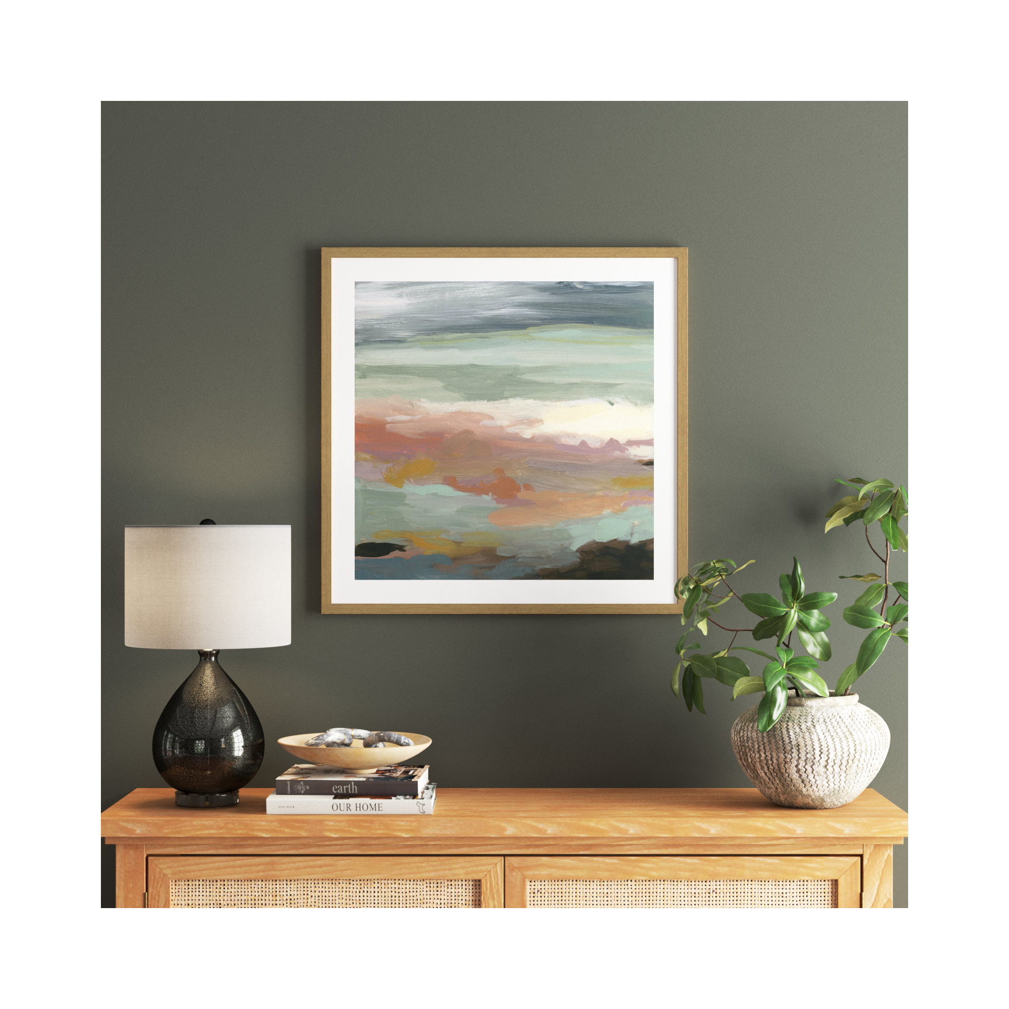 Ocean Bluffs by Carol Robinson - Painting Print on Paper, Picture Framed Paper, 28.75" H x 28.75" W, Beige Wood