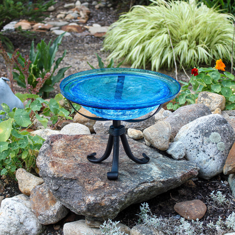 Bain d'oiseaux craquelé 12 po avec trépied, Bleu sarcelle