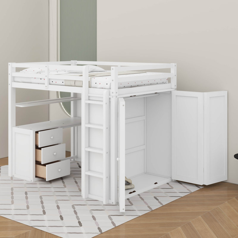 Lit mezzanine double avec tiroirs, bureau et garde-robe