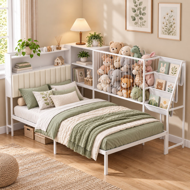 Lit simple d'angle avec tête de lit tapissier, rangement pour animaux en peluche, bibliothèque et station de charge