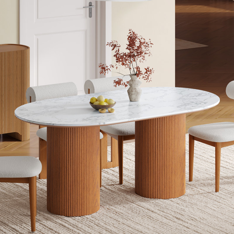  Table de salle à manger 72 "en pierre ovale avec base en chêne massif pour 6-8 personnes, 30"H x 72"L x 39"W, Brun / Blanc