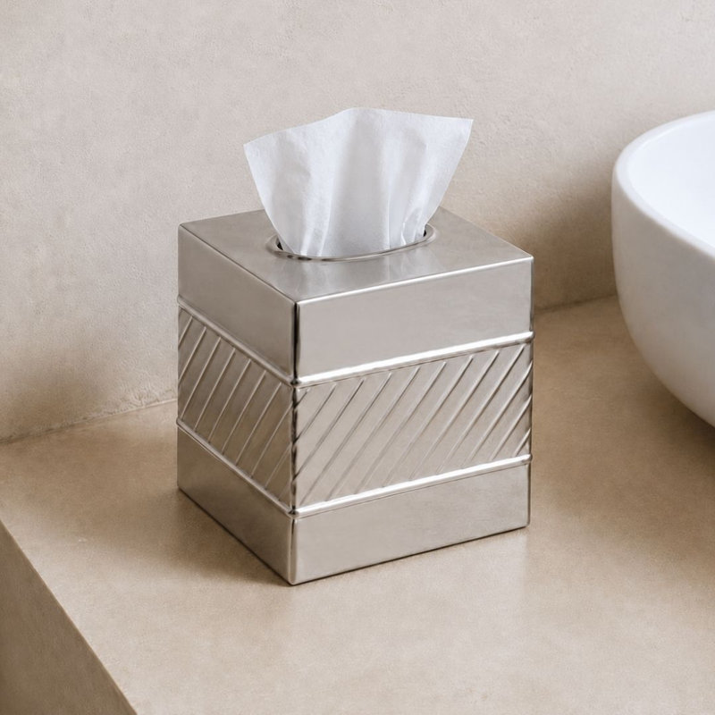 Wave Embossed Metal Tissue Box Cover, Nickel Chrome
