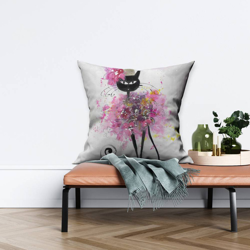 Cartoon cat with pink flowers - 26"x26" Throw pillow - Poly twill - Print on demand