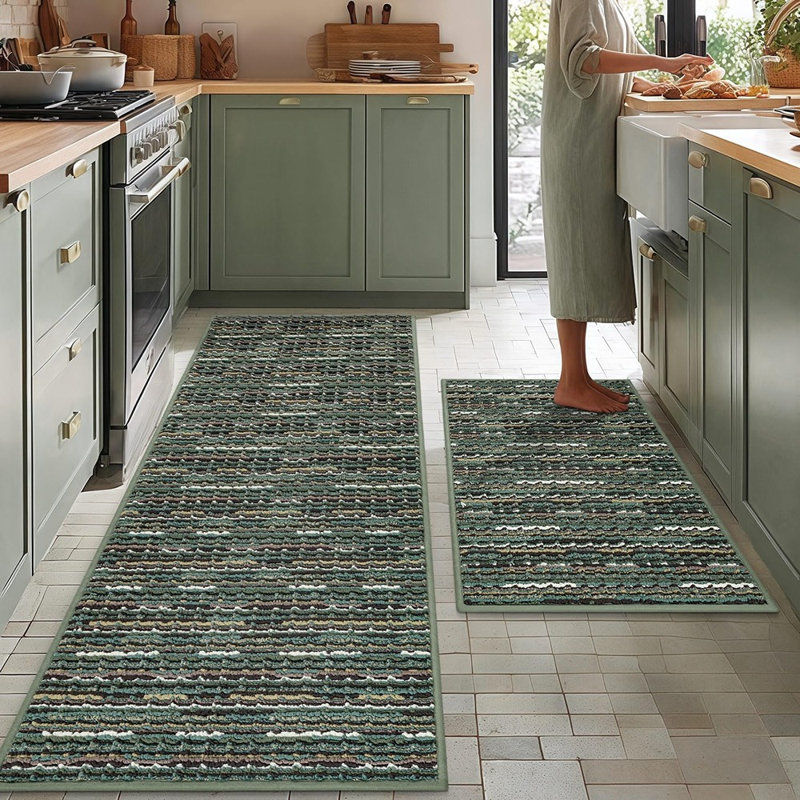 Ensemble de 2 tapis de cuisine - vert - épais / antidérapant, résistant aux taches, rétro, tapis de cuisine pour couloir, vestibule, salle de lavage, lavable