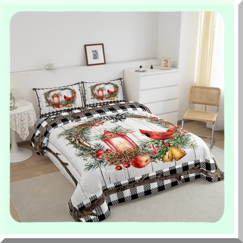 Birdsong Comforter Set - Branch Garland Duvet Quilt with Pillowcases - Cardinal Bedding Size - Xmas Decor - Soft Microfiber Black White Grid Pattern