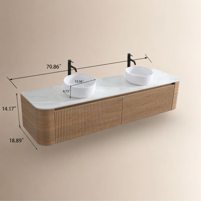 Meuble-lavabo de salle de bain, 72 po, avec lavabo, armoire de rangement en chêne miel avec porte-serviettes gratuit Erba, double vasque en céramique blanche (sans bonde / robinet), pré-assemblé