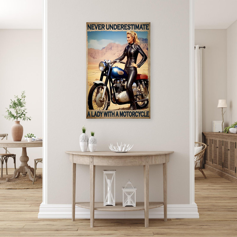 Une dame avec une moto - 1 pièce, impression d'art graphique rectangulaire sur toile tendue, H 36 po x l 24 po x P 1,25 po