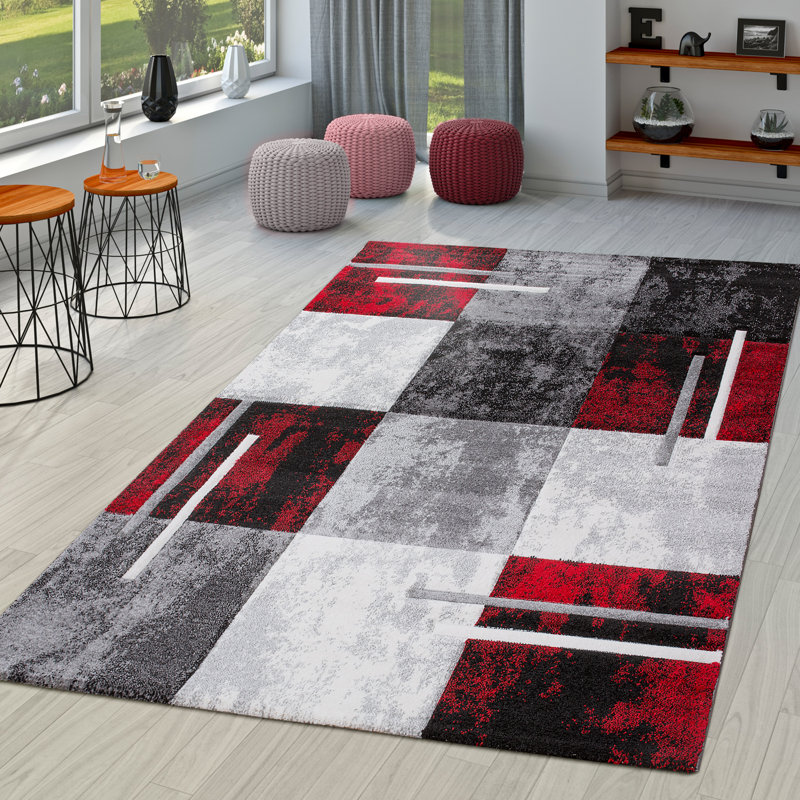 Tapis gris / rouge / noir en polypropylène tissé à la machine Maratha, Rectangle 3 pi 11 po x 5 pi 7 po