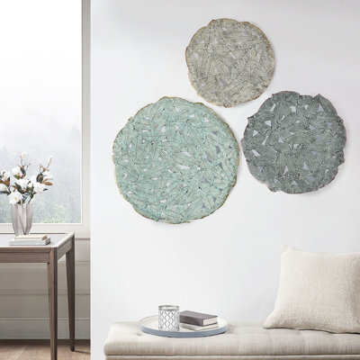 Textured Feather Wall Decor - Blue, 3, 20", 17.25", 14.25" , Indoor Hanging Ornament Blue 3 Disc Decoration Art For Use
