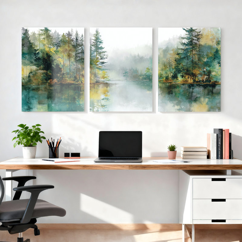 Ensemble de 3 tableaux sur toile représentant un paysage de Forest Lake, H 24 po x l 48 po