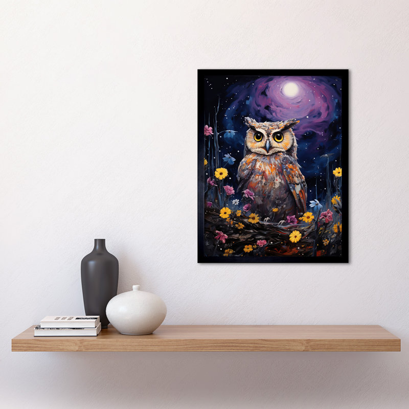 Great Horned Owl Portrait Lavender Full Moon - Single Picture Frame Print