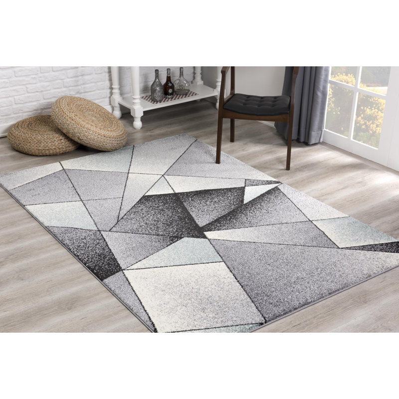 Tapis intérieur / extérieur gris / bleu à motif géométrique 4 pi x 6 pi (3 pi 9 po x 5 pi 6 po) Branch Branch Nour