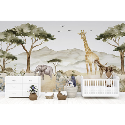 Murale animaux de safari | Papier peint Jungle Nursery avec girafe et éléphant