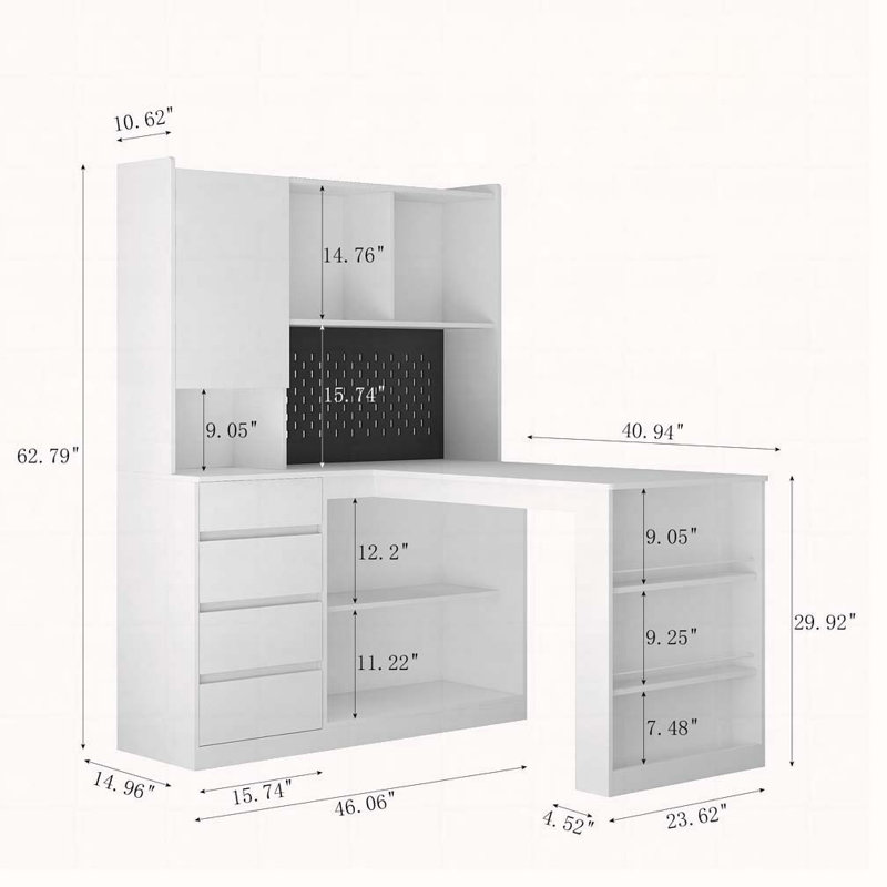 Bureau en L avec chargeur, bureau d'ordinateur avec tiroirs, bibliothèque, avec lumière DEL