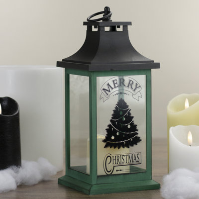 12" Green And Black LED Candle With Christmas Tree Tabletop Lantern