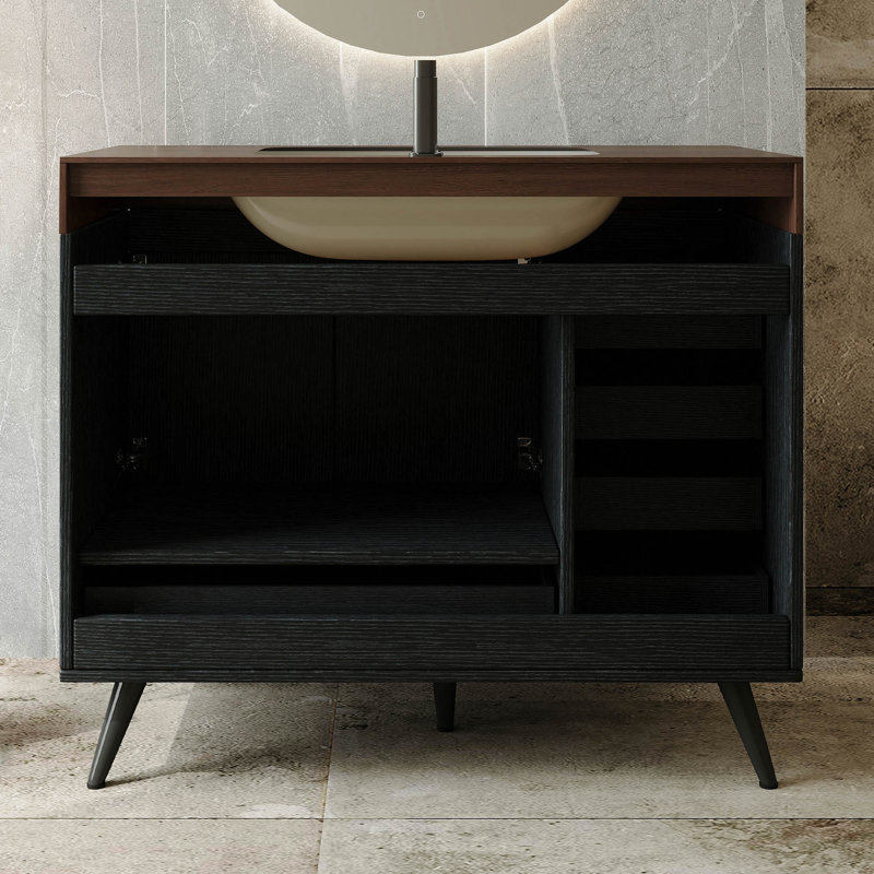 Meuble-lavabo autoportant 36 po avec comptoir en faux marbre, lavabo en céramique, 5 tiroirs et pieds en acier inoxydable