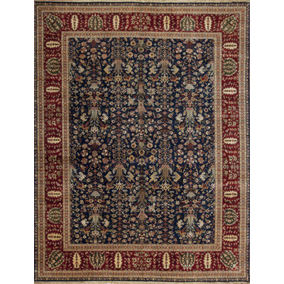 Tapis bleu / rouge en laine noué à la main de conception unique 11 pi 10 po x 15 pi 7 po Noble House