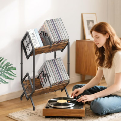 Étagère de rangement à deux niveaux pour disques vinyles avec séparateurs, étagère métallique pour disques vinyles vintage (160-200 LP).