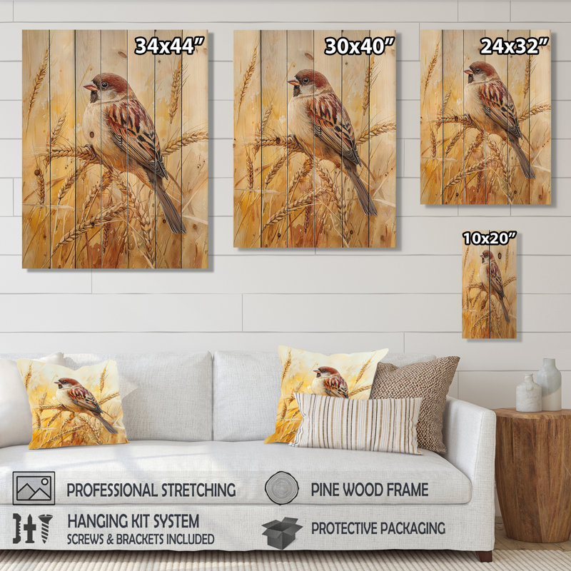 Moineau domestique parmi les épis III - Décoration murale en bois d'oiseau - sur bois de pin naturel