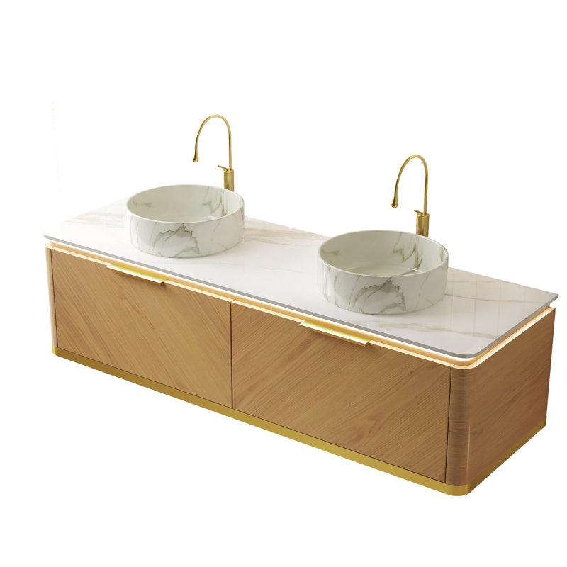 Meuble-lavabo moderne en grain de bois avec éviers en céramique et rangement pour salle de bain