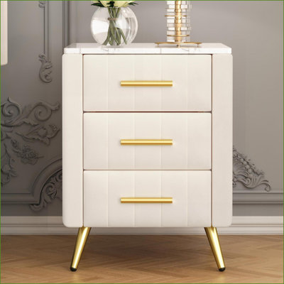 Beige Upholstered Velvet Nightstand with 3 Drawers &amp; Marbling Top