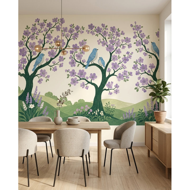 Fresque murale Arbre en fleurs Oiseaux bleus lavande Jardin floral Art mural, 140 po x 108 po, Non tissé