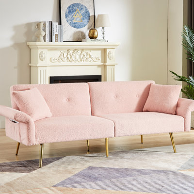 Lit d'appoint rembourré rose moderne avec poche latérale, fonction de couchette pliante, 4 pieds réglables et pieds en métal doré, cadre en bois massif pour le bureau, la chambre à coucher, salon compact aux angles, pliable