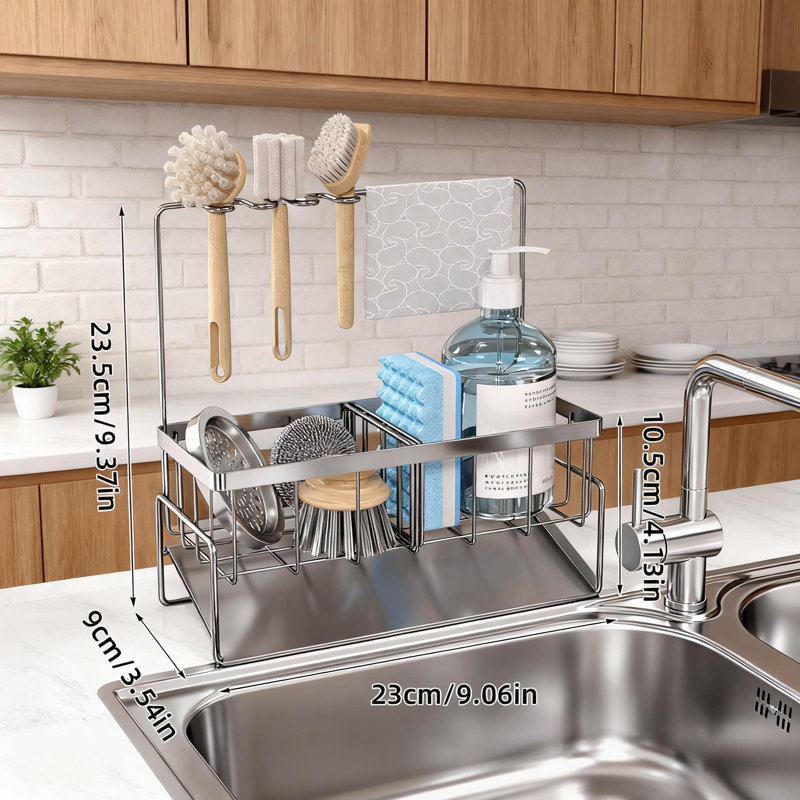 Organisateur d'évier de cuisine en acier inoxydable avec porte-brosse à vaisselle, support à éponge pour comptoir, organisateur d'évier à grande capacité pour éponges, savon, brosses et produits de nettoyage