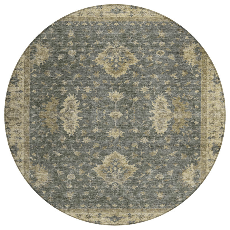 Machine Washable Indoor/Outdoor Xhevrie Gray Rug, Round 8'