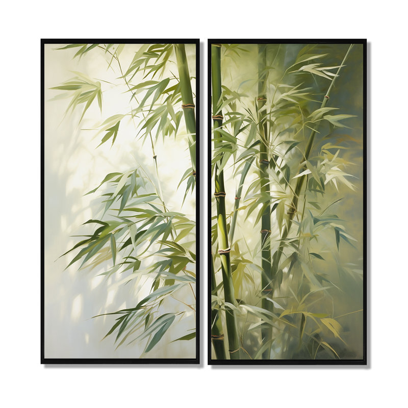 Bamboo Romantic Impression II - Art mural vert 2 panneaux, Impression encadrée flottante, H 32 po x l 32 po, Noir