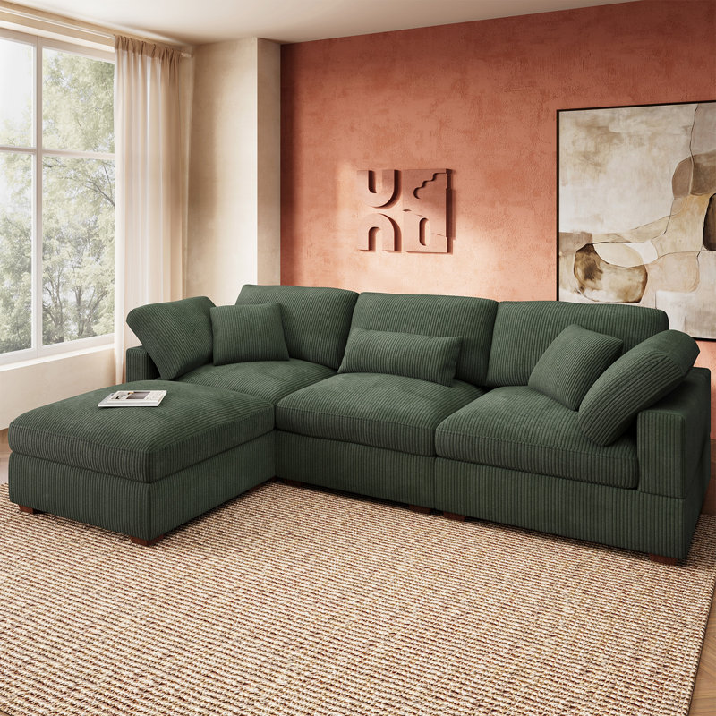 Canapé modulaire en forme de L avec repose-pieds Bouley - vert, Velours côtelé vert