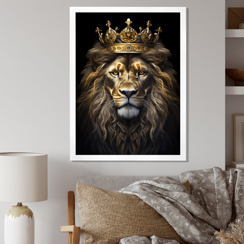 Majestic lion royal avec couronne d'or I - impressions sur toile de lion, H 20 po x l 12 po x P 1 po, Cadre simple blanc