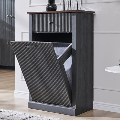  Modern Tilt Out Laundry Hamper Cabinet,10 Gallon Fluted Wooden Garbage Can Cabinet with Drawers  (Includes 1pc laundry basket)