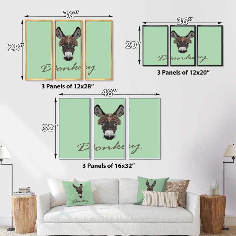 «Farm Donkey Portrait I», 3 pièces sur toile, H 28 po x l 36 po, Blanc