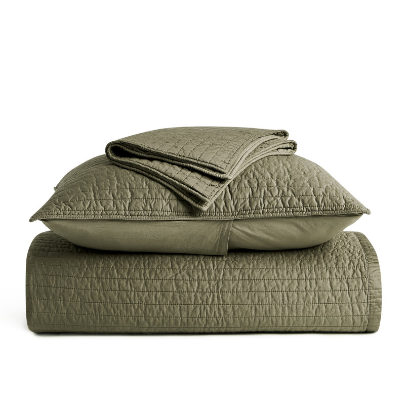Cotton Sateen Channel Stitch Quilt Set, Queen Quilt + 2 Queen Shams, Olive Green
