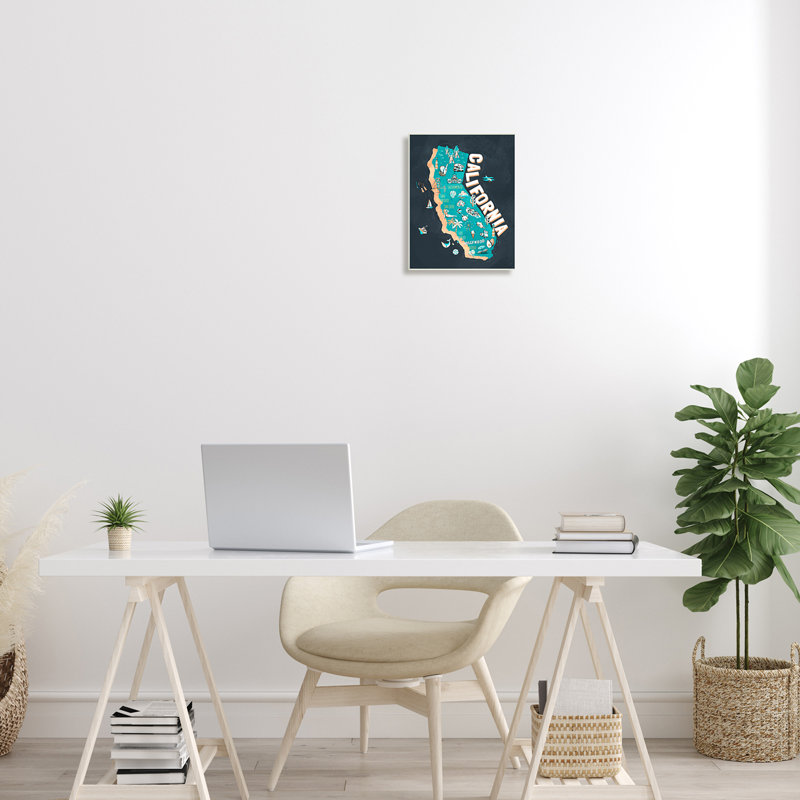 «California Golden State», carte iconographique sur toile «surdimensionnée» par Ziwei Li, H 10 po x l 15 po, Plaque murale
