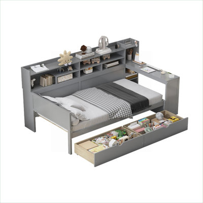 Solid wooden multi-functional daybed frame for small bedroom, classic gray twin size with built-in storage and study desk