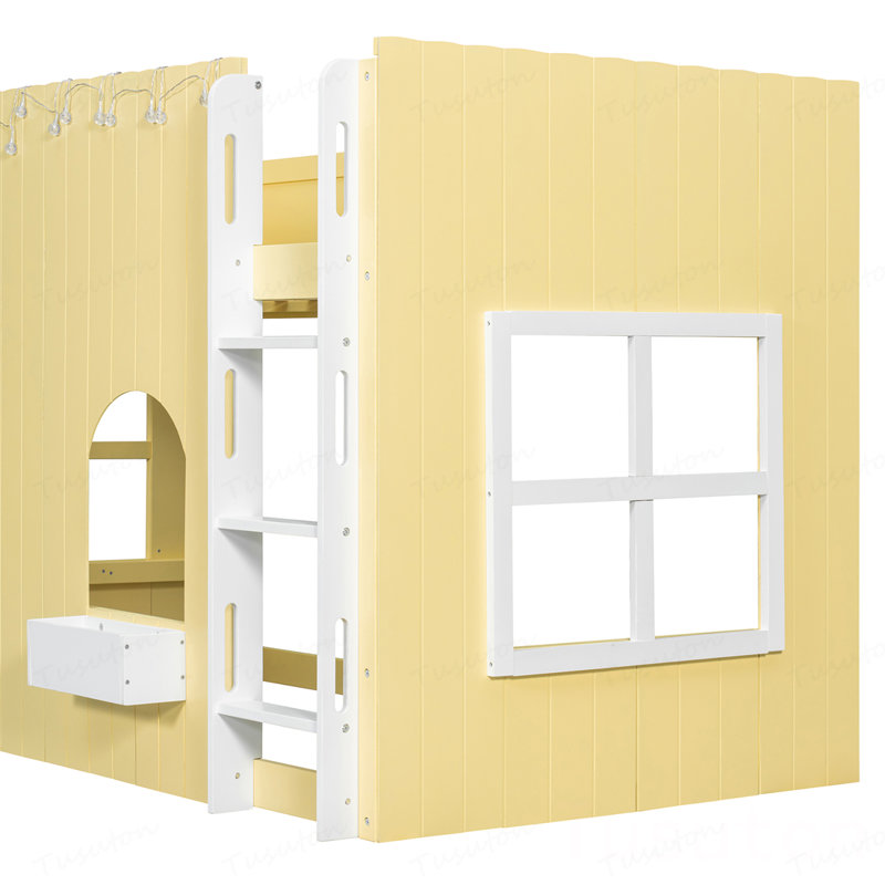 Lit mezzanine simple pour enfant avec guirlande lumineuse DEL, Jaune