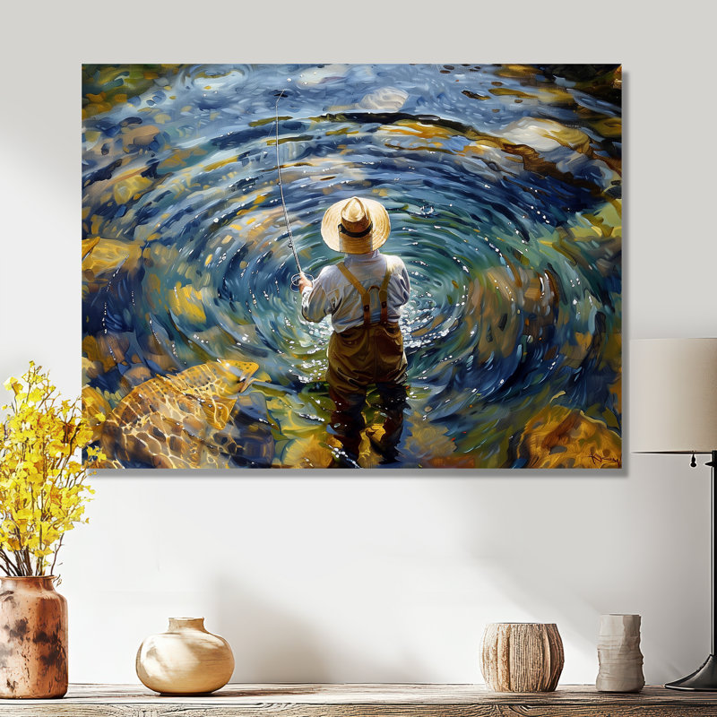 River Trout Fishing In The Mountains I - Hunting & Fishing Wall Art Living Room, Metal, 12" H x 20" W x 1" D
