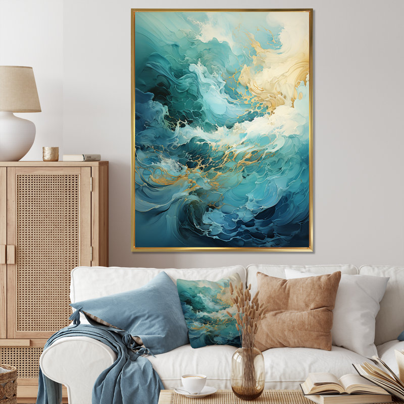 Art moderne moderne Goldn Wave Symphony I - Vagues, Cadre flottant doré, H 44 po x l 34 po x P 1,5 po