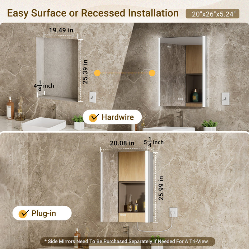 20X26" Smart LED Medicine Cabinet With Fog-Free Mirror – Surface/Recessed Mount, Dimmable Lights, Time Display, Outlet & Sensor Light