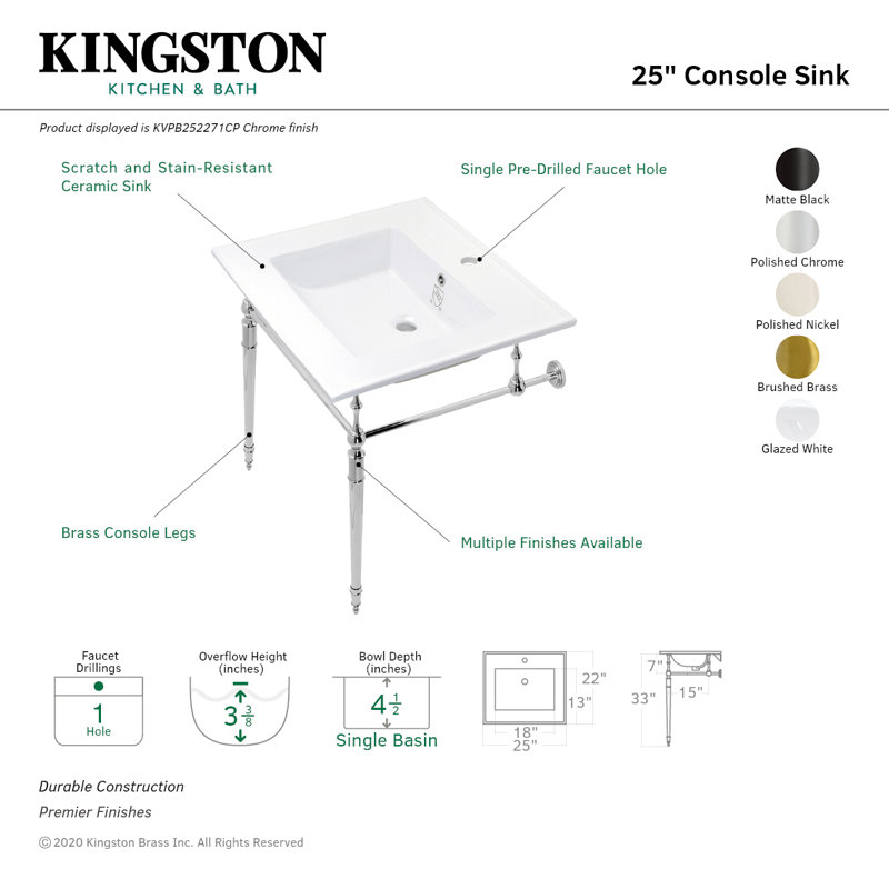Lavabo de salle de bain console rectangulaire en céramique avec trop-plein Edwardian, Nickel poli / blanc