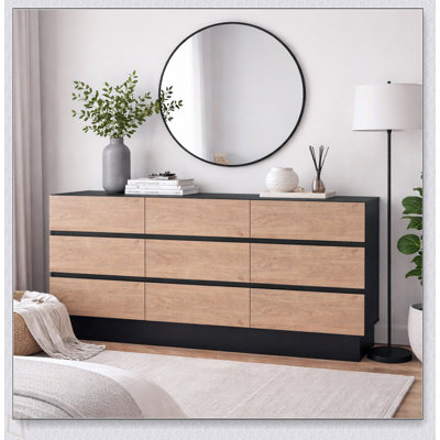 Commode moderne pour chambre à coucher, commode en bois l 9,9 po avec 9 tiroirs, grand meuble télé avec rangement pour le salon, le vestibule et le couloir