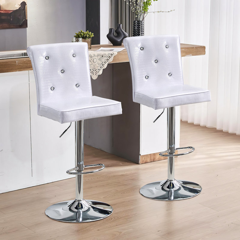 Vintage Faux Leather Bar Stools Set of 2, Adjustable Height Swivel with Crystal Clasp, White Seat/ Silver Frame