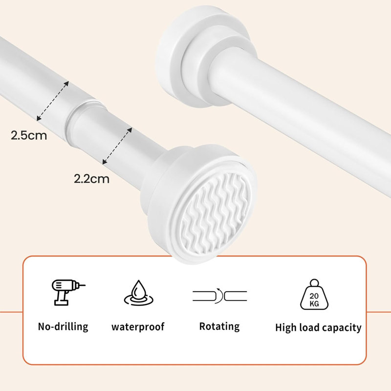 76cm Straight Tension Shower Curtain Pole & Hook Set, White
