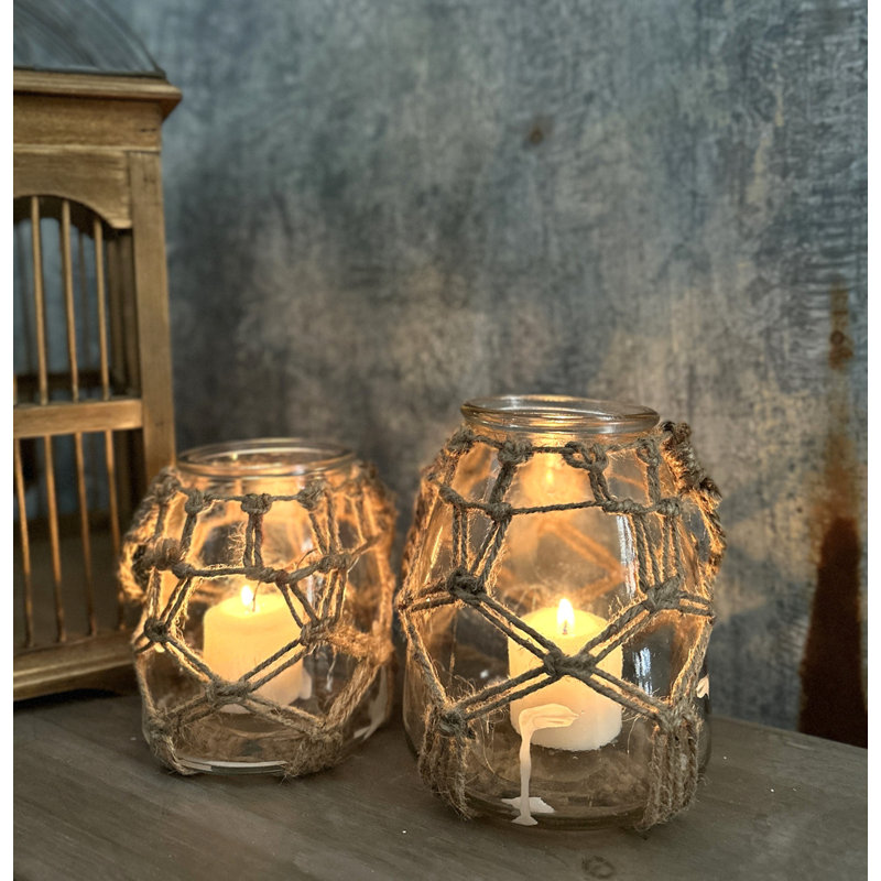 Glass Jar Candle Holders With Rope Netting, 6" H x 5" W x 5" D