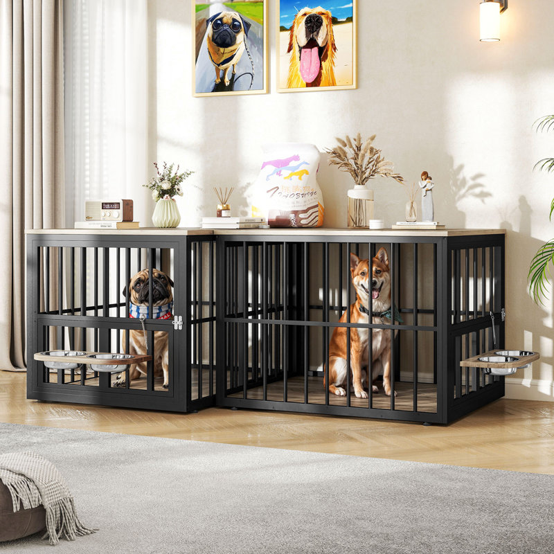 Meuble de cage d'angle pour chien Gurmukh, Gris, H 33 po x l 86,6 po x P 29,9 po